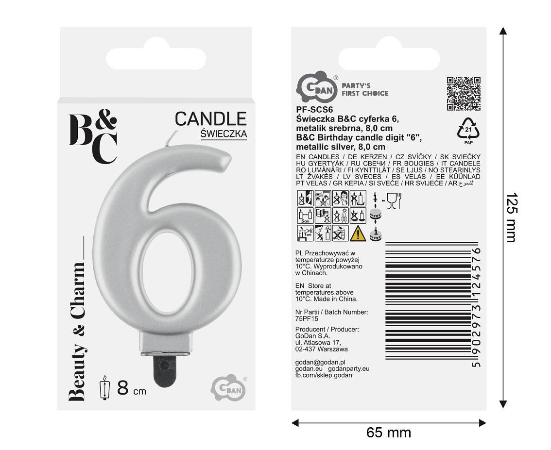 Birthday candle digit 6, metallic silver,  8 cm